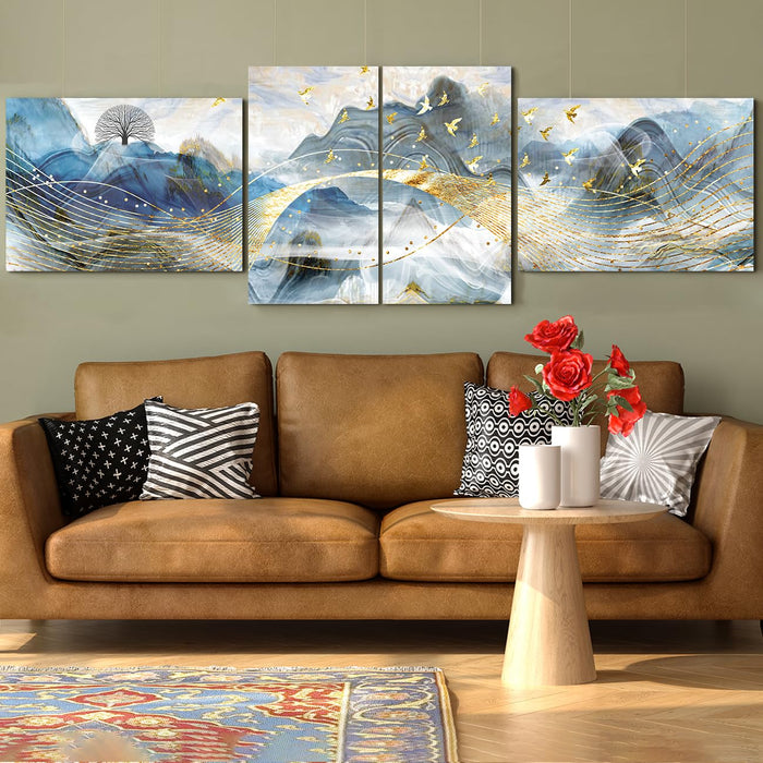 Art Street Stretched On Frame Modern Canvas Wall Art Painting Abstract Golden Wave On Mountain View Wall Decor For Home, Bedroom, Office Decoration (Set Of 4, 2 Pcs 12x22 & 2 Pcs 16x22 Inch)