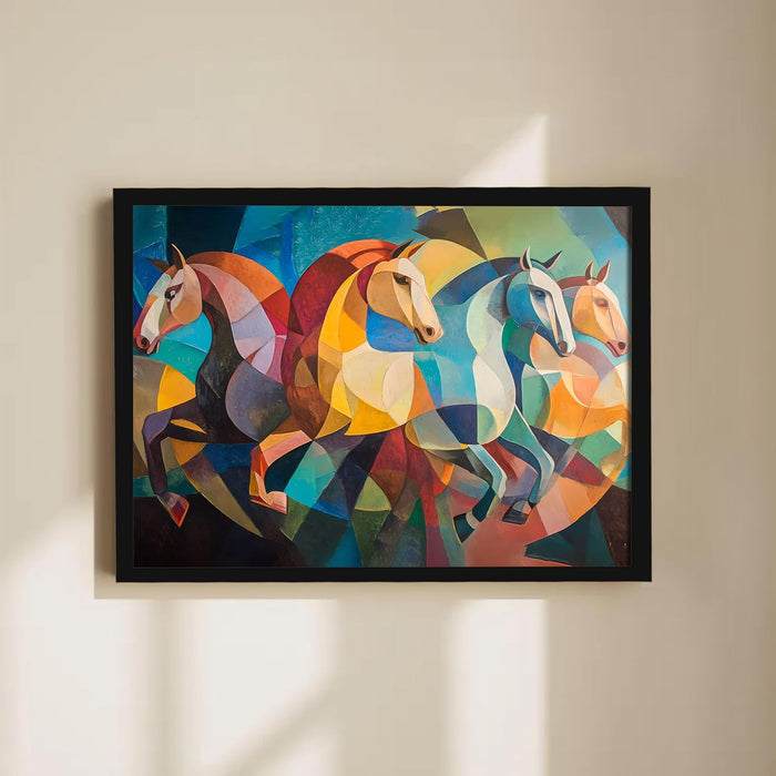 Abstract Wall Art Eight Running Horses Vastu Feng Shui Multicolor | Digital Painting Framed with Engineered Wood Frame (17x23 Inch)