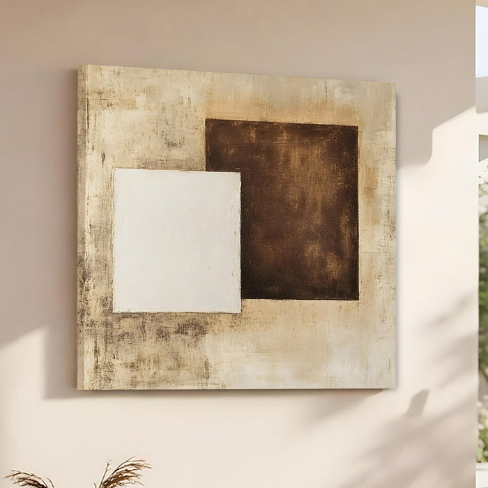 Modern Abstract Stretched Canvas Wall Art Painting For Living Room, Minimalist Geometric White & Dark Brown Textured Painting for Living Room, Office & Home Decor (56xx56 cm)