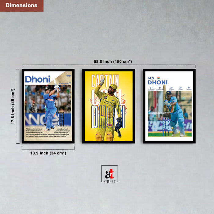MS Dhoni Framed Wall Poster | Captain Cool Indian Cricket Legend | Premium Wall Art for Home, Office & Sports Room For Home Decor (13.9 Inch x 17.6 Inch, Set of 3