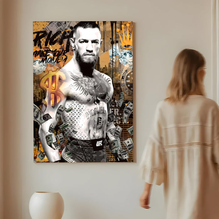 Power Fighter Pop Art Stretched Canvas Painting Print | Strength & Money Motivation Wall Art | Modern Gym, Office & Home Wall Décor, 56x86 cm
