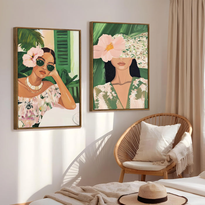 Boho Women Portrait Green and Pink Canvas Painting Bohemian Large Wall Art Painting for Living Room Decoration, Stylish Large Wall Art Print for Wall Decor (Set of 2, 58x89 cm)