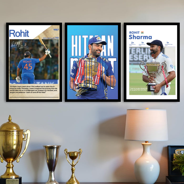 Rohit Sharma Framed Wall Poster | Hitman Indian Cricket Legend | Premium Sports Wall Art for Home & Office Decor (13.9 Inch x 17.6 Inch, Set of 3)