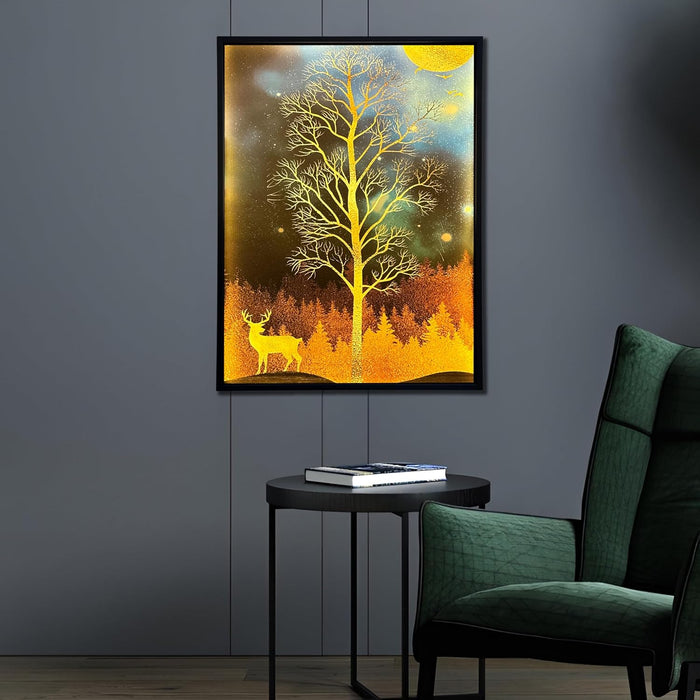 Framed Canvas Art Print with LED Light Decorative Canvas Wall Painting, Deer and Tree in Front of the Moon Wall Decor 43x58 cm