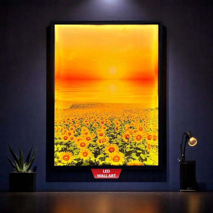 Framed Canvas Art Print with LED Light Canvas Wall Art, Sun and Field of Sunflower Painting with LED Decorative Wall Decor 43x58 cm