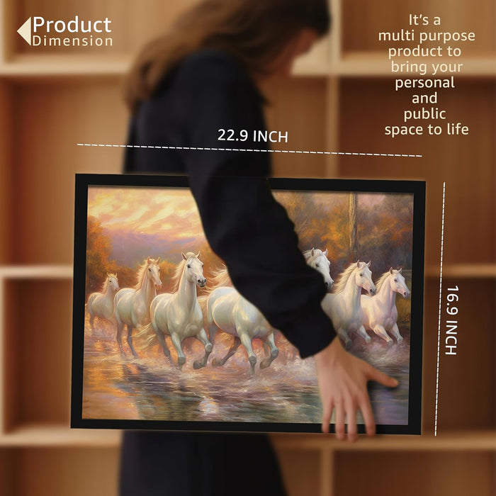 Abstract Wall Art Eight Running Horses Vastu Feng Shui Multicolor | Digital Painting Framed with Engineered Wood Frame (17x23 Inch)