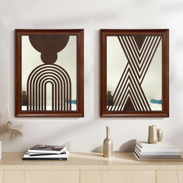 Decorative Acrylic Mirrors with Geometric Abstract Design MDF Jali Set of 2 | Two Brown Jharokha Wooden Wall Mirror Panel (18 x14 Inch)