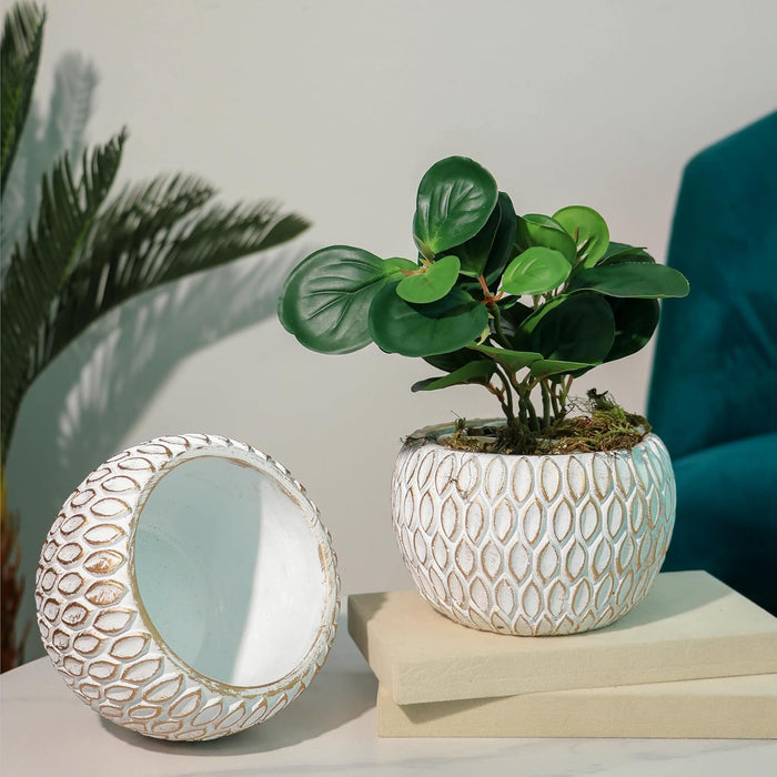 Handmade Cement Flower Pot Indoor Outdoor Plant Pot, Fade Resistant White and Golden Elegant Leaf Pattern Vase, Flower Vase Cemented Flower Vases 10x13 cm