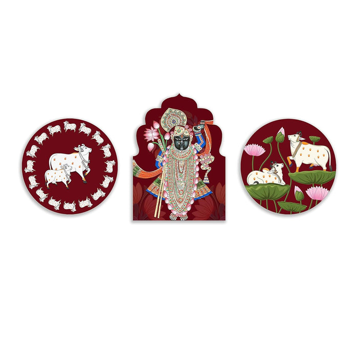 Art Street The art of Pichhwai Painting MDF Wall Plates Indian Traditional Wall Décor Of Lord Shrinathji, Decorative Home Décor - Set of 3 (Red, Size: 12x12 Inch, 12x16 Inch)