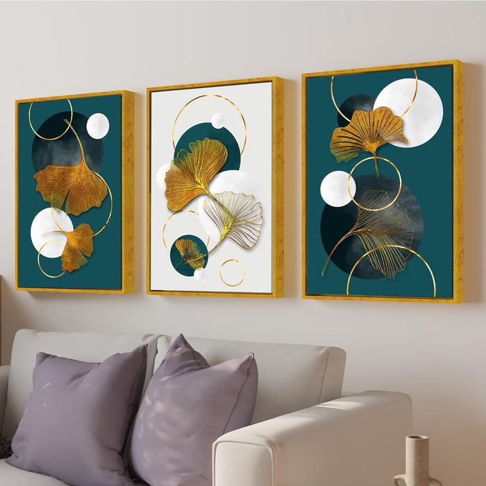 Nordic Abstract Golden Canvas Painting For Home Decor, Geometric Industrial Style Framed Art Prints (17x23 Inch, Set of 3)