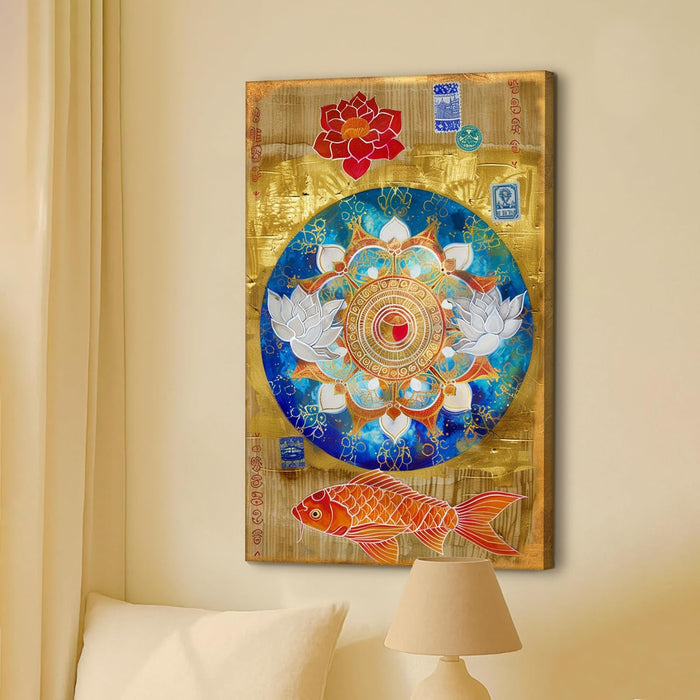 Abstract Mandala Art of Lotus and Koi Fish Multicolor Wall Art on Stretched Canvas – Frameless Unframed Gallery Wrap Canvas Wall Art 22x34 Inch