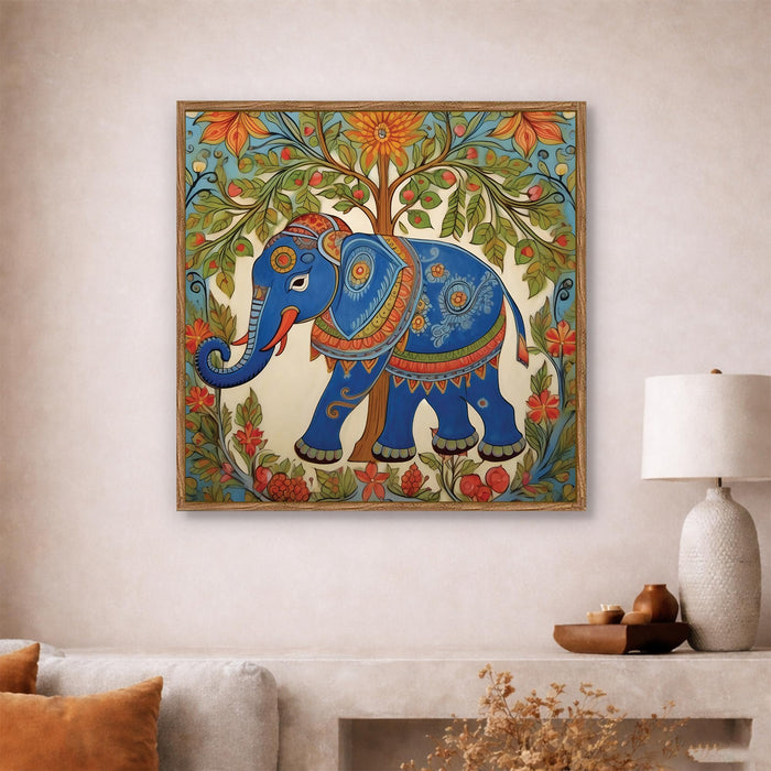 Madhubani Elephant Folk Framed Painting For Living Room | Mithila Botanical Large Canvas Painting With Frame Wall Art For Bedroom, Hallway's, Office, Hotel, Size 58x58 cm