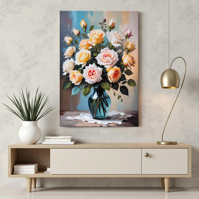 Wall Art Abstract Flower Stretched Canvas Painting Roses in Vase 3D Textured Abstract Paintings for Bedroom Office Wall Décor Hand Painted Canvas Art Floral Decor Painting 61x91 cm