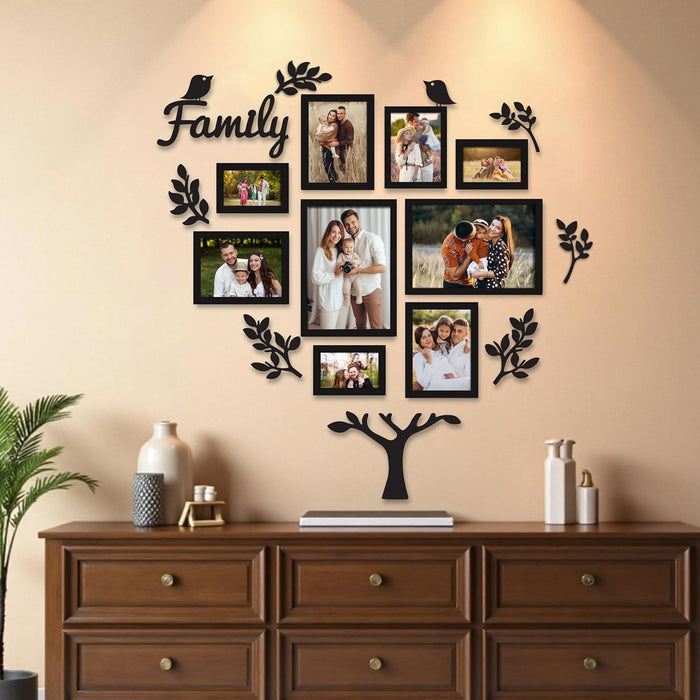 Family Tree Wall Photo Frame Set Pack of 9 with 10 MDF Cutouts for Home Decoration Wall Photo Frame Collage for Living Room Bedroom