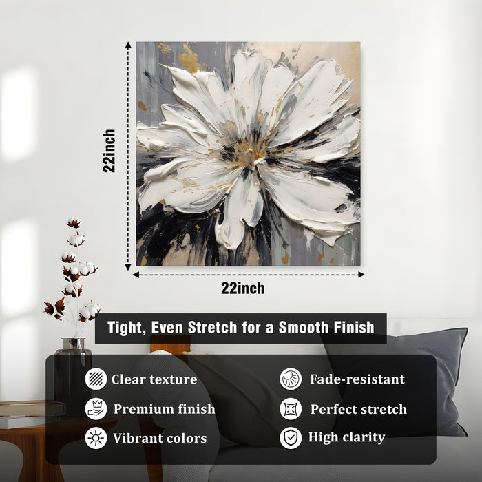 Modern Floral Stretched Canvas Wall Art Painting For Living Room, Painting White Flower with Heavy Texture & Gold Foil Accents, Contemporary Decor for Living Room, Bedroom & Office (56xx56 cm)