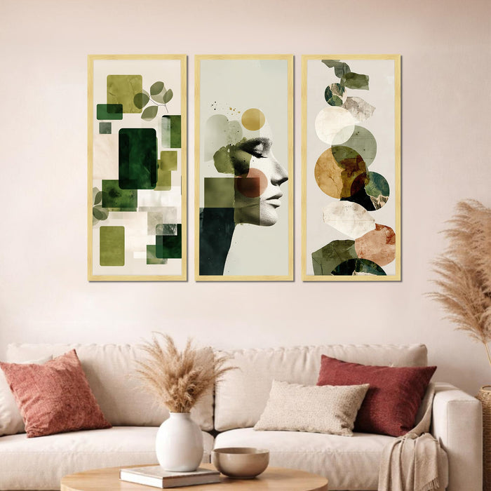 Abstract Botanical & Face Framed Wall Art Set of 3 | Modern Boho Green Tone Wall Décor |Engineered Wood Frame Art for Living Room, Bedroom & Office, 8.9x18.9 Inch