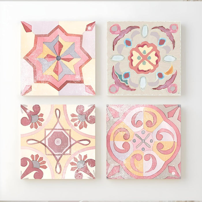 Set of 4 Stretched Canvas Painting Moroccan Tiles Pattern Art.