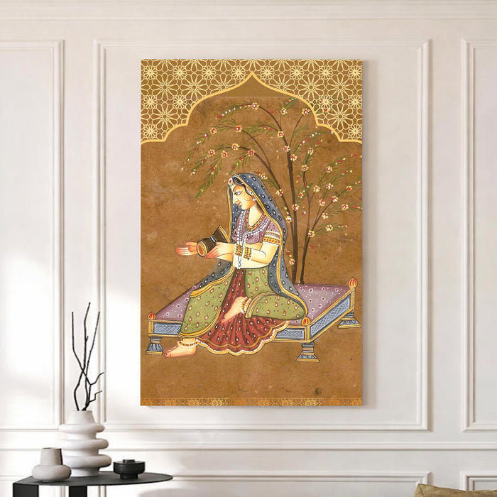 Madhubani Rajput Stretched Canvas Painting For Living Room | Floral Jharokha Stretched Canvas Wall Art For Livingroom Home Decor, Bedroom, Hallway's, Office, Hotel - 56x86 cm