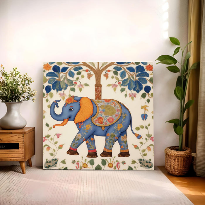 Traditional Madhubani Blue Elephant Stretched Wall Art Painting For Living Room, Indian Folk Tree of Life Stretched Canvas Painting, Ethnic Home Decor for Living Room & Office (56xx56 cm)