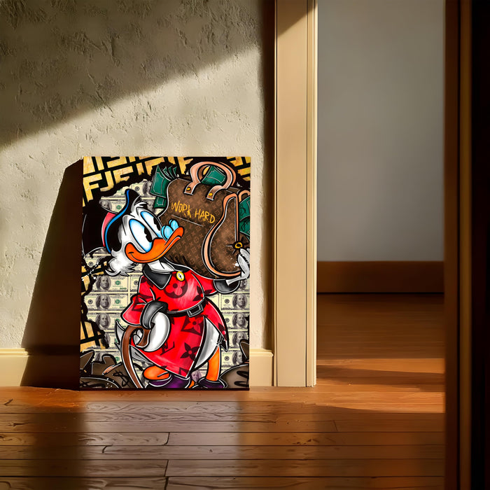 Luxury Cartoon Duck Money Pop Art Stretched Canvas Painting Print | Work Hard Success Theme Graffiti Wall Art | Modern Street Style Artwork for Home & Office, 41x56 cm