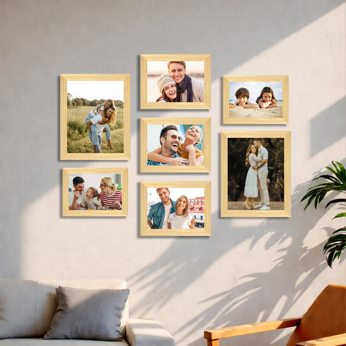 Family Photo Frame Set of 7 for Wall Decor, Wooden Finish Collage Picture Frames for Living Room, Bedroom, Multi-Size Wall Hanging Gallery Frame Set, (2 Sets 5x7, 3 Set 6x8, 2 Set 8x10 Inch)