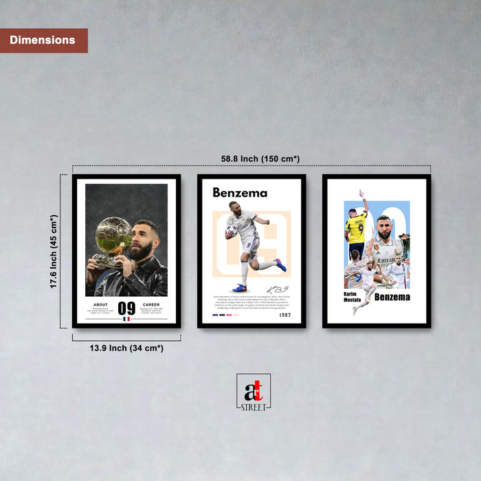 Karim Benzema Sports Painting With Frame for living room, Football Player Framed Wall Art Painting for Home Decor Set of 3, Size 13.6 by 17.9 Inch