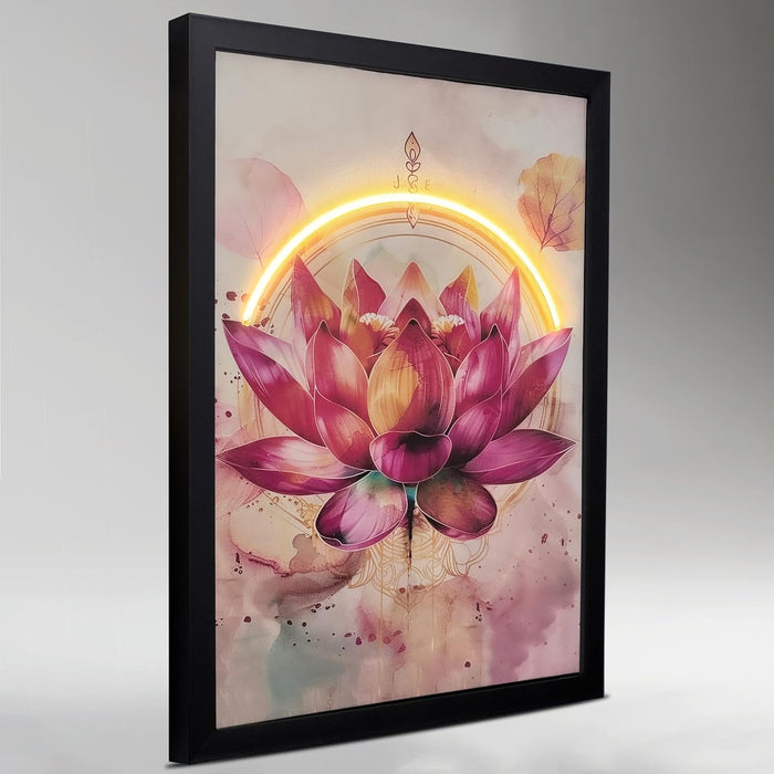 LED Lotus Flower Wall Art Print with Wooden Frame, Feng Shui Vastu Wall Decor, Lotus Painting with LED Light - 43x58 cm