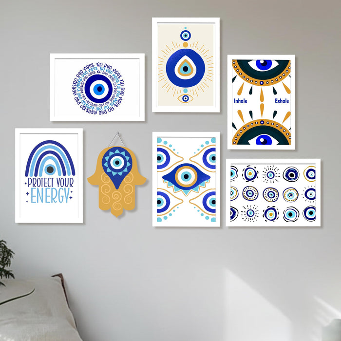 Evil Eye Framed Wall Art Set of 7 (1 MDF wall Hanging) – Spiritual Protection & Nazar Symbol Prints | Modern Boho Wall Decor Framed Painting for Home & Office, 9x13 Inch