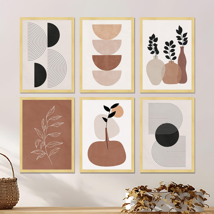 Abstract Botanical & Geometric Framed Painting Wall Art Set of 6 | Modern Neutral Prints | Beige, Brown & Black Tones | Engineered wood Frame Wall Décor, (Size: A3)