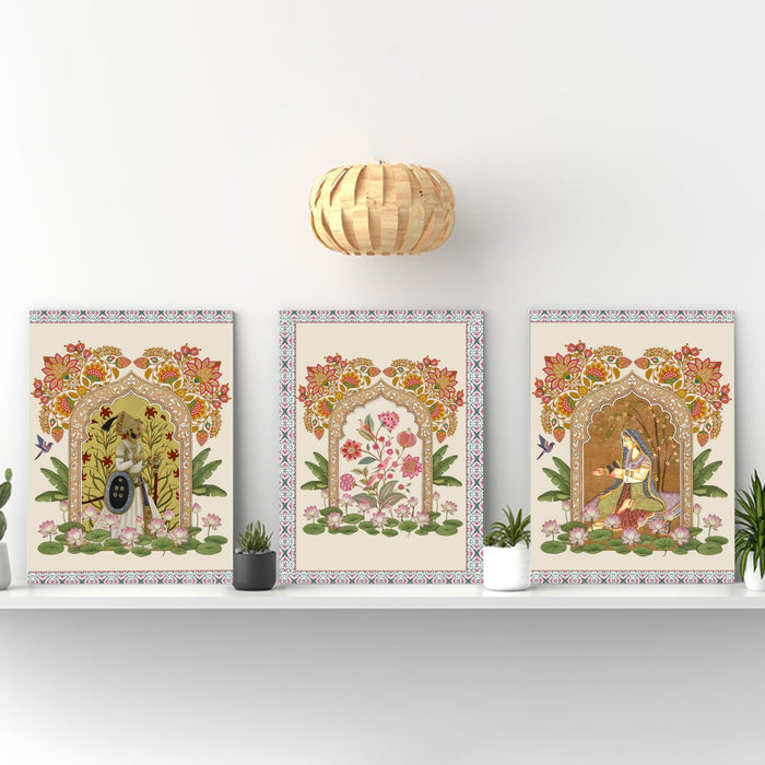 Set of 3 Stretched Canvas Indian Miniature Painting Print Stretched Canvas Wall Art Set of 3 with Mughal Art Wall Decor, Pichwai Floral Archway Traditional Painting 30x42 cm