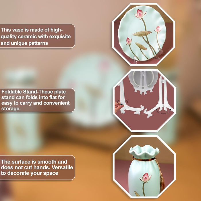 Flower Pinted Ceramic Vases and Decorative Plate Combo for Décor (Sky Blue, 4.5x9 Inch and 8x8 Inch)