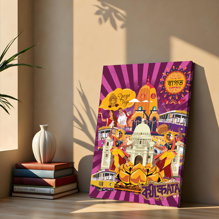 Kolkata Landmarks Collage Mixed Media Canvas Wall Painting | Travel pop art Canvas Wall Painting For Home and Office Wall Décor (41x56 cm)