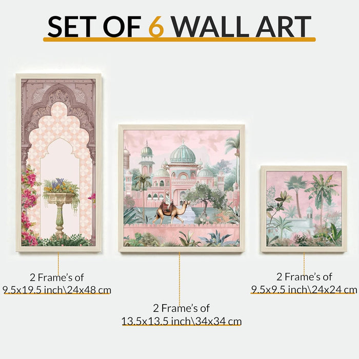 Framed Wall Art Print Pack of 6 Framed Wall Decoration Art Prints Traditional Indian Mughal 24x48, 34x34 and 24x24 cm