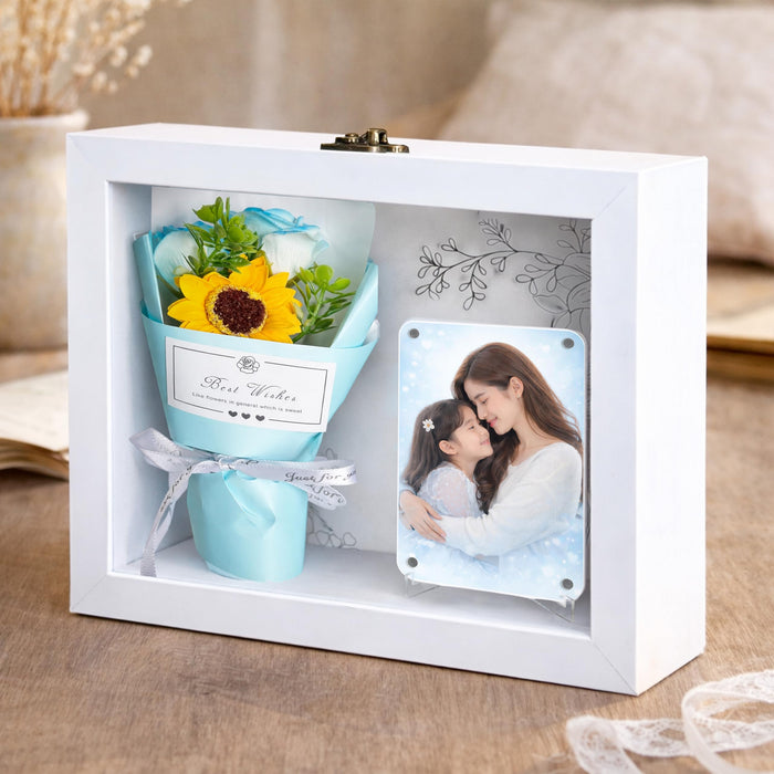 Mother's Day Flower Gift Box for Memories with Flower Bouquet and Fridge Magnet, Beautiful Moments in a Shadow Box, for Anniversary Gifting, Elegant Home Decor Display (Size: 18x23 cm)