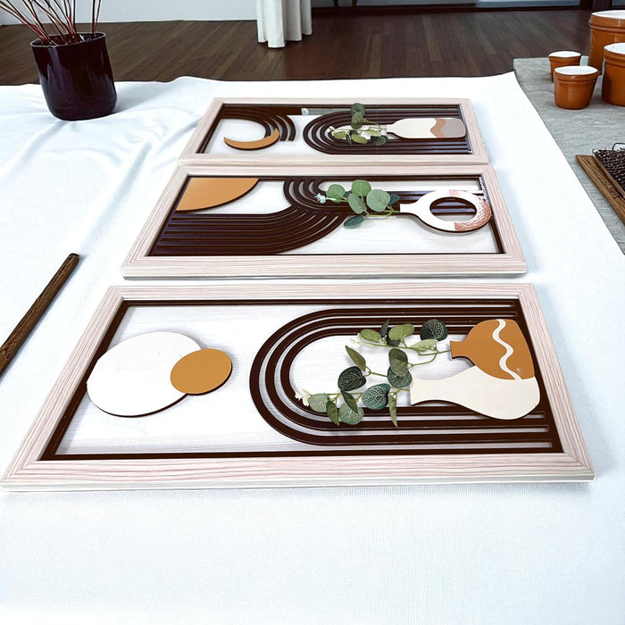 MDF Boho Wall Hanging Rectangular Vase Frame with Artificial Plant Leaf Pack of 3 Wooden Wall Decor 23x48 cm