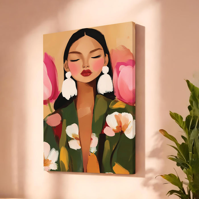 Abstract FLoral Portrait Stretched Canvas Painting For Living Room | Feminine Figurative Stretched Canvas Wall Art For Livingroom Home Decor, Bedroom, Hallway's, Office, Hotel - 56x86 cm