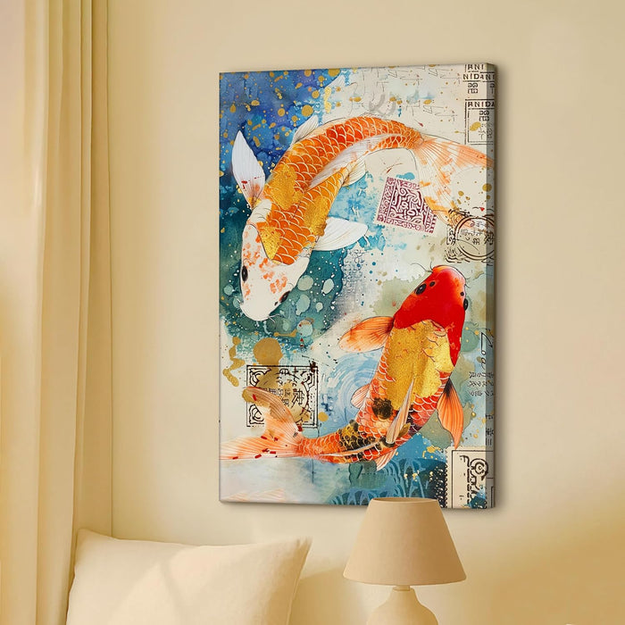 Abstract Traditional Koi Fish Multicolor Painting on Stretched Canvas – Frameless Unframed Gallery Wrap Canvas Wall Art 22x34 Inch