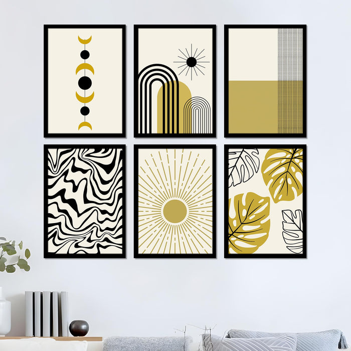 Abstract Boho Framed Painting Wall Art Set of 6 | Sun, Moon, Botanical & Geometric Prints | Neutral Earth Tones | Engineered wood Frame Wall Décor, (Size: A3)