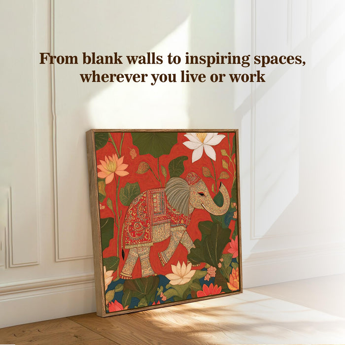 Pichwai Elephant Lotus Framed Painting For Living Room | Traditional Vastu Large Canvas Painting With Frame Wall Art For Bedroom, Hallway's, Office, Hotel, Size 58x58 cm