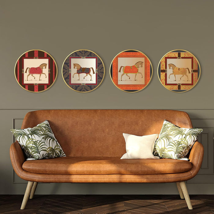Running Vastu Horses Round Wall Art Painting for Living Room Decoration, Circular Gold Metal Finish Stylish Large Wall Art Print (12x12 Inches)