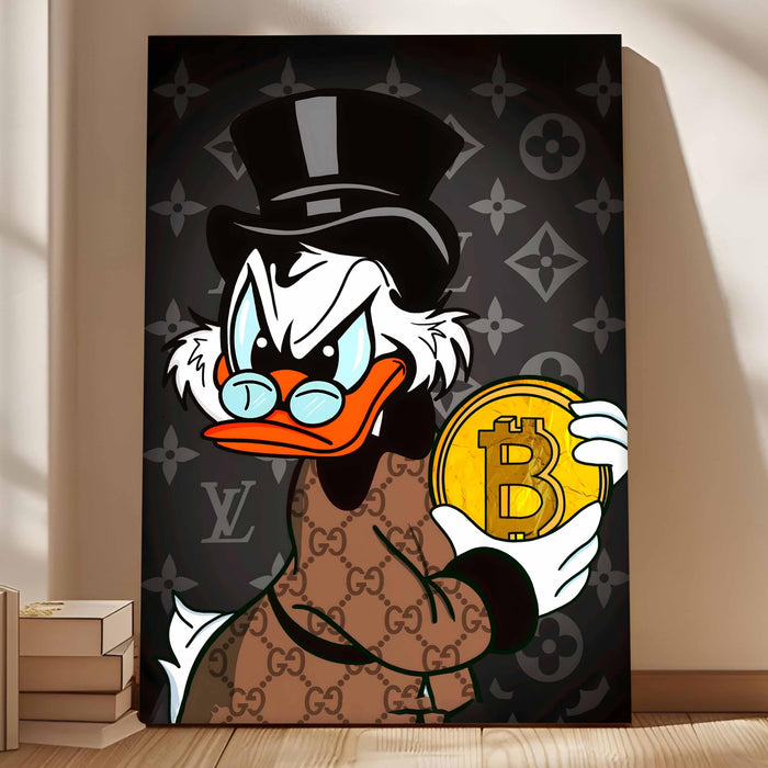Luxury Money Duck Pop Art Stretched Canvas Painting Print| Cartoon Style Crypto Wealth Wall Art | Modern Graffiti Artwork for Home & Office Décor, 56x86 cm