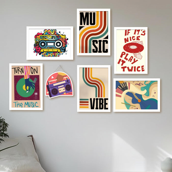 Music Wall Art Framed Set of 7 (1 MDF wall Hanging) | Retro Music Posters & Typography Prints | Modern Wall Decor Framed Painting for Living Room, Bedroom, Studio & Café, 9x13 Inch