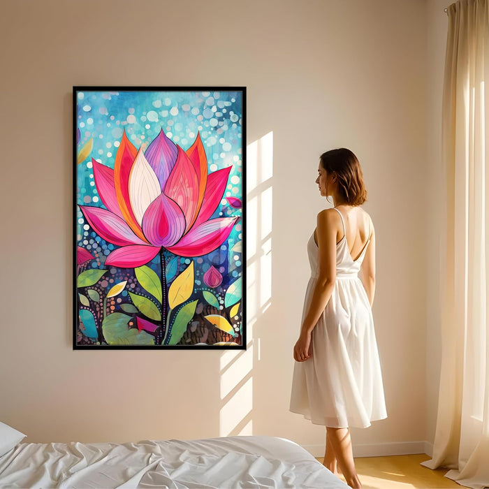 Abstract Multicolor Folk Art of Lotus Floral Stretched Canvas Painting with Frame – Wall Art – Framed Canvas Wall Décor (23x35 Inch)