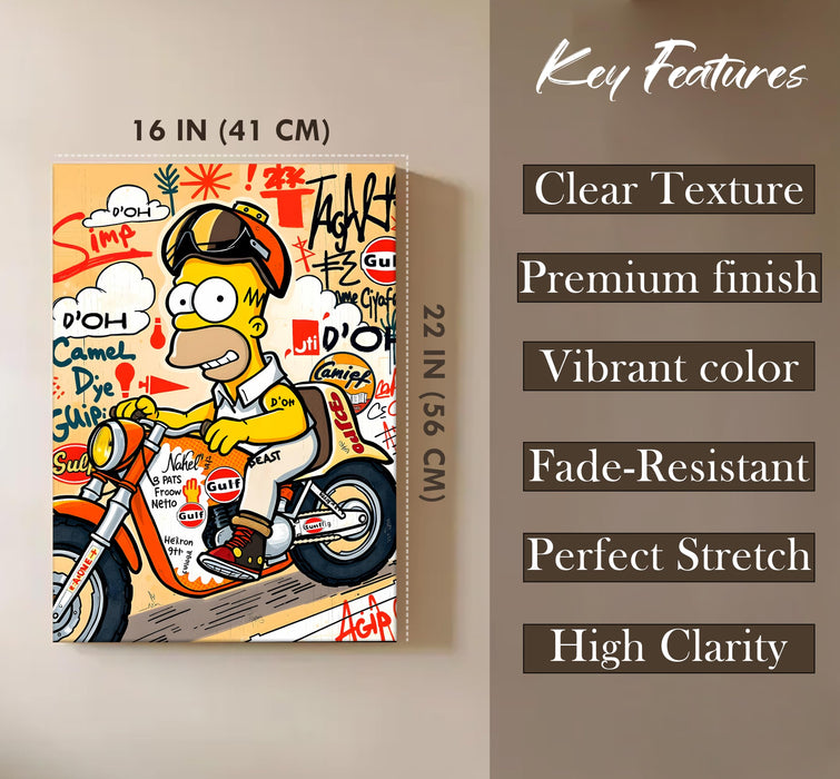 Cartoon Biker Graffiti Stretched Canvas Painting Print | Street Pop Art Wall Décor | Modern Motorcycle Illustration for Home & Office, 41x56 cm