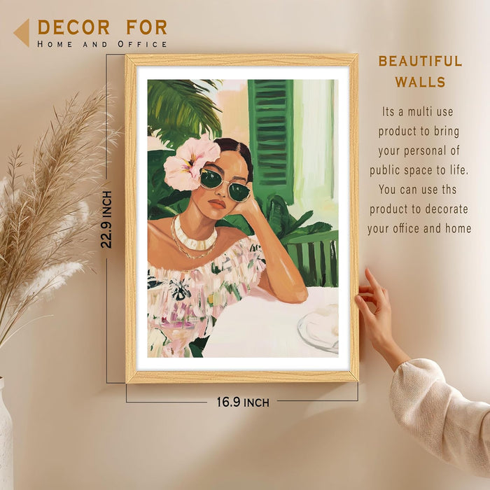 Boho Vintage Women in Cafe Portrait Wall Painting, Bohemian Large Wall Art Painting (16.9x22.9 Inches)