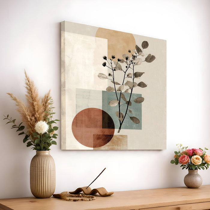 Boho Botanical Stretched Canvas Painting For Living Room | Abstract Nature Wall Art Large Canvas Painting For Livingroom Home Decor, Bedroom, Hallway's, Office, Hotel - 86x86 cm