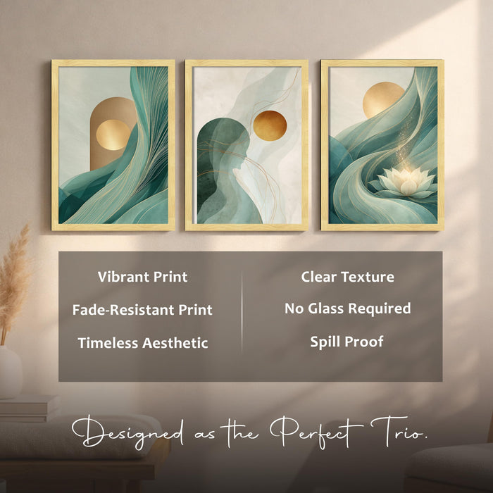 Modern Abstract Blooming Lotus A3 Framed Poster for Living Room With Frame, Luxury Abstract Geometric Moon Framed Vastu Posters for Home Decor Bedroom Hallways Office Hotel Set of 3, Size 33x45 cm