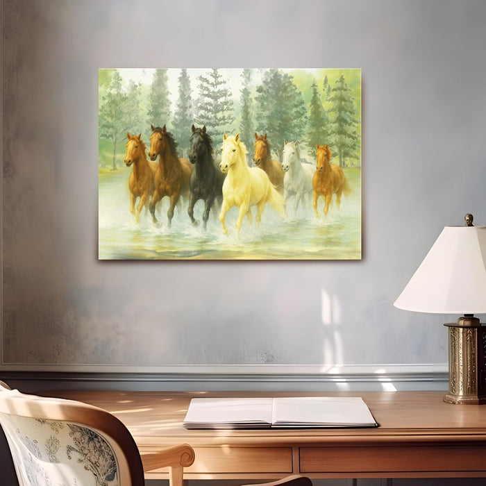 Seven Running Horses Wall Art Vastu Feng Shui Multicolor | Canvas Painting Stretched on Wood | Suits For Vastu-Friendly Place (16x22 Inch)