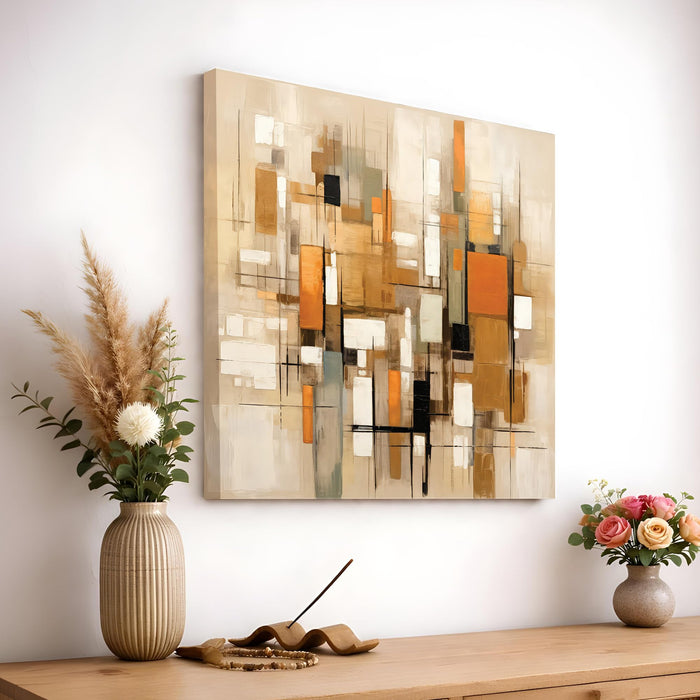 Geometric Abstract Stretched Canvas Painting For Living Room | Modern Mid-Century Wall Art Large Canvas Painting For Livingroom Home Decor, Bedroom, Hallway's, Office, Hotel - 86x86 cm