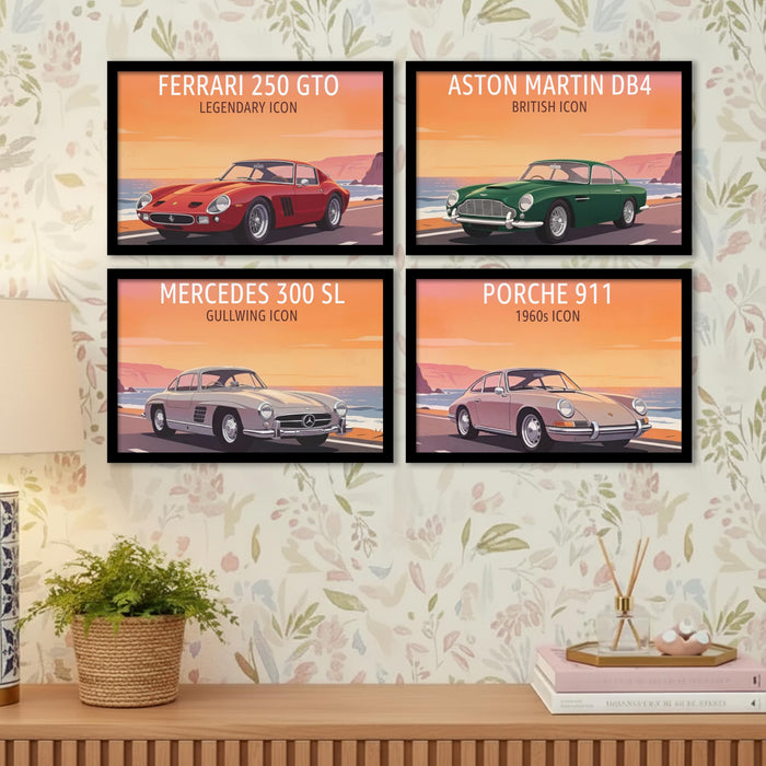 Classic Iconic Cars Framed Painting Wall Art Painting Set of 4 | Retro Luxury Car Illustration Prints for Living Room, Office & Studio D cor, 23x32 cm